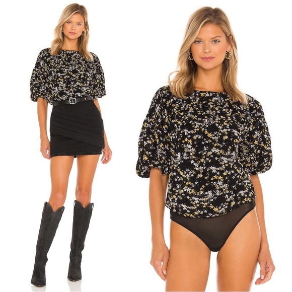 Free People • Dessa Bodysuit blouse black floral pleated yellow white flowers - Picture 3 of 16